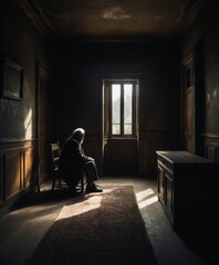 Obraz na płótnie Canvas An old man sitting alone in his mysterious, shadowy residence, 