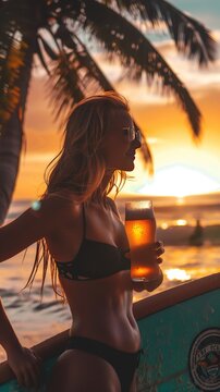 Woman with surfboard enoying beer at sunset after she went surfing