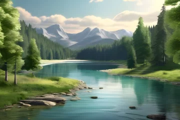 Foto op Canvas A beautiful natural landscape in the forest with a lake flowing amidst the forest and trees. seamless looping time-lapse virtual video animation background. Generative AI © Jaon