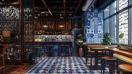 Blue and white ceramic tiles add a touch of elegance to the space  attractive look