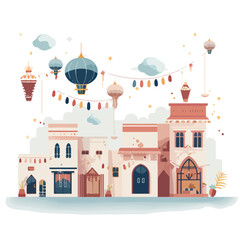 An illustration of Eid decorations such as lanterns