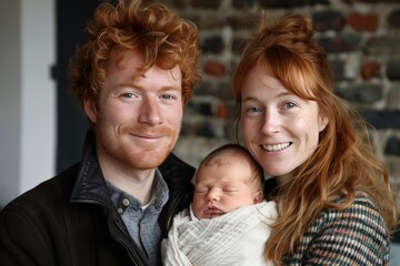 Happy red-haired young parents with newborn baby