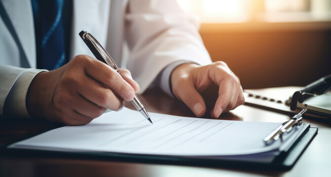 Close-up of a professional's hands signing a document on a clipboard.