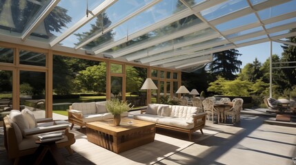 Sunroom with retractable glass walls for indoor-outdoor living.