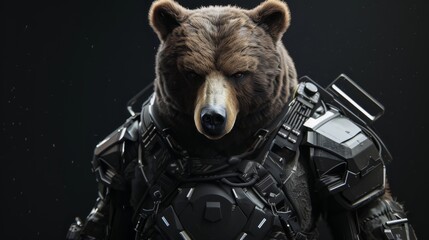 A conceptual portrayal of a bear equipped with a modern camouflage tactical vest, merging wildlife with military imagery. - obrazy, fototapety, plakaty