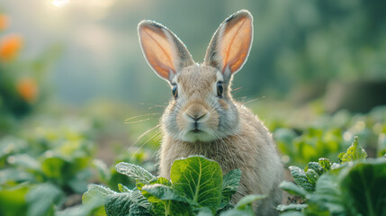 Fototapeta premium A hare is having breakfast on a beautiful summer morning.