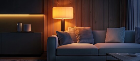 A cozy living room in a building with hardwood flooring, featuring a comfortable couch and a stylish lamp providing warm lighting at night