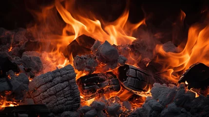 Sierkussen Burning firewood and coals of a fire close up. Background for grilled food with fire. © petrrgoskov