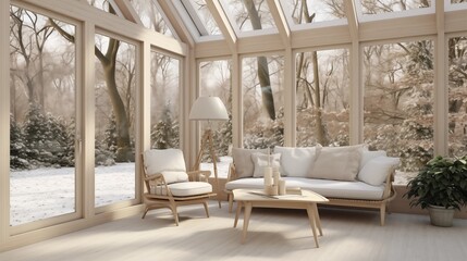 Sunroom with Scandinavian inspired clean lines and pale woods.