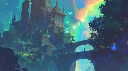 The scenery with beautiful fantasy castles and rainbow aurora. Generative AI