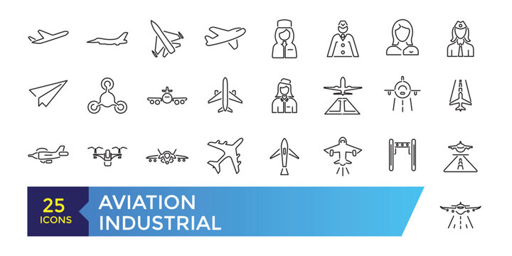 Aviation and Aircraft outline icon set with flight plane editable stroke symbol: airline, travel, charter, route, airplane, business jet, military fighter.