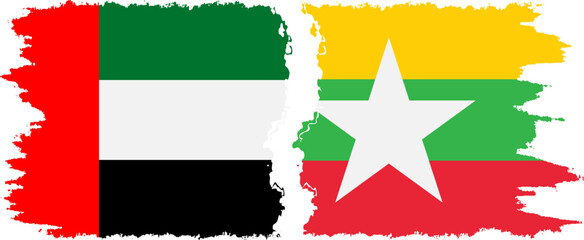 Myanmar and United Arab Emirates grunge flags connection vector