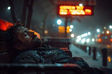 Illustration of homeless man sleeping on a roadside bench under the light of a utility pole to be used regarding the problems of homelessness, poverty, social problems. Should focus on human dignity.