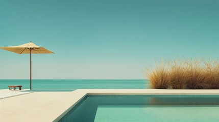 Fototapeta premium A view with minimal swimming pool and parasols overlooking the sea. Generative AI