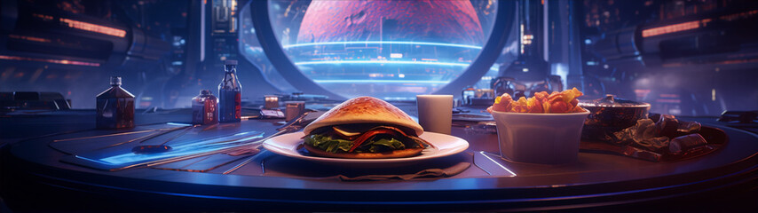 Burger and fries in a futuristic restaurant with a view of Mars. - obrazy, fototapety, plakaty