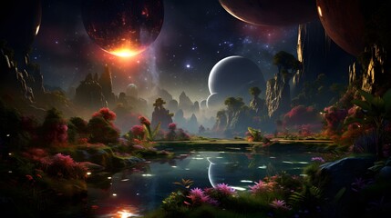 Obraz na płótnie Canvas A cosmic garden with floating islands of diverse flora, orbiting a radiant star.