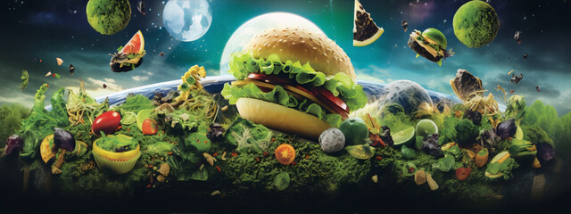 A photorealistic illustration of a hamburger floating in space with the Earth in the background. - obrazy, fototapety, plakaty
