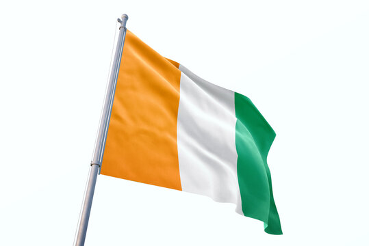 Waving flag of Ivory Coast in white background. Ivory Coast flag for independence day. The symbol of the state on wavy fabric.