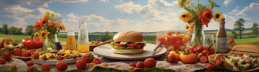 Picnic in the countryside with a view of the hills. On the tablecloth are flowers, fruits, a burger, and drinks.
