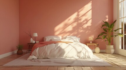A comfortable pink room with a large pot and bed. Generative AI