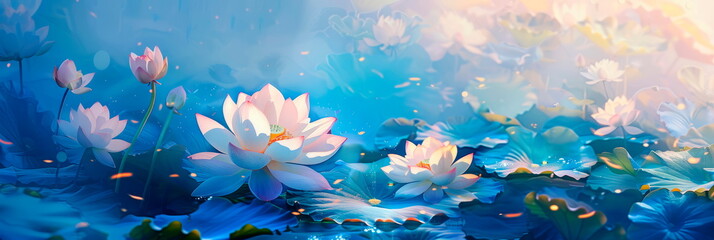 Obraz na płótnie Canvas Captivating watercolor painting of lotus flowers against a serene blue background, symbolizing purity and enlightenment. Generative AI