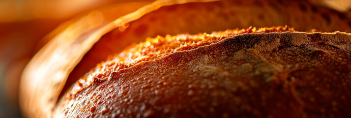 freshly baked loaf of bread, capturing its golden crust and airy interior in macro detail....