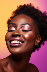 Exquisite Happiness: Woman with Glowing Makeup Embracing Joyful Moments