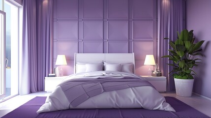 A luxurious purple bedroom with a bed and lamp. Generative AI