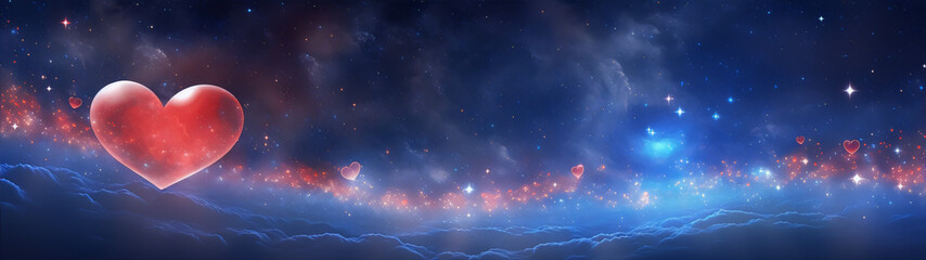 Fantasy painting of red heart shaped hot air balloon floating above clouds towards a bright light in a starry night sky. - obrazy, fototapety, plakaty