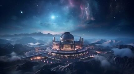 A cosmic observatory with futuristic telescopes observing distant galaxies and celestial phenomena.