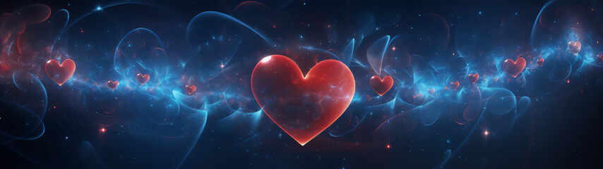 Red and blue glowing hearts in a starry, blue space. - obrazy, fototapety, plakaty