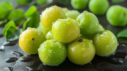 Tasty and ripe green plums on a table