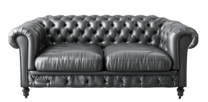 A black leather couch with gold buttons on it. The couch is very large and has a very luxurious feel