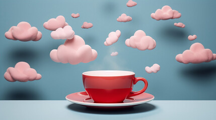Pinkish clouds floating around a red cup of steaming coffee on a saucer against a blue background. - obrazy, fototapety, plakaty