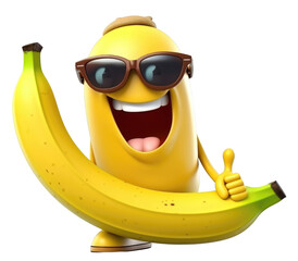 A cartoon banana with sunglasses on is holding a banana in its hand