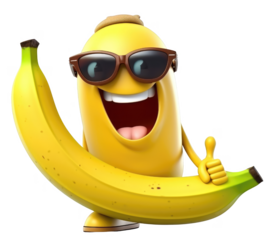 A cartoon banana with sunglasses on is holding a banana in its hand