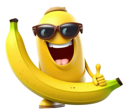 A cartoon banana with sunglasses on is holding a banana in its hand - Powered by Adobe