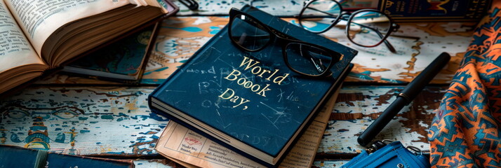 Flat lay composition consisting of a pen, glasses and a notepad with a handwritten inscription "World Book Day" promoting the love of literature.Generative AI
