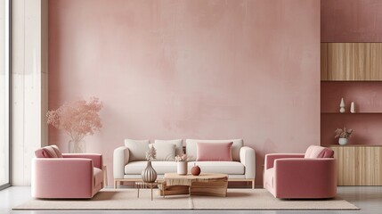 Fototapeta na wymiar A luxurious pink room with sofas and chairs. Generative AI