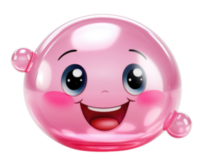 A cartoon face with a pink bubble around it. The bubble is smiling and the face is smiling too