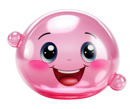 A cartoon face with a pink bubble around it. The bubble is smiling and the face is smiling too