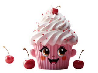 A cute cartoon cupcake with cherries on top. The cherries are in the cupcake's mouth
