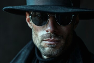Obraz premium Mysterious man in hat and sunglasses with intense stare in a dark setting