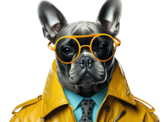 A dog wearing glasses and a yellow jacket. The dog is wearing a tie and has a serious expression