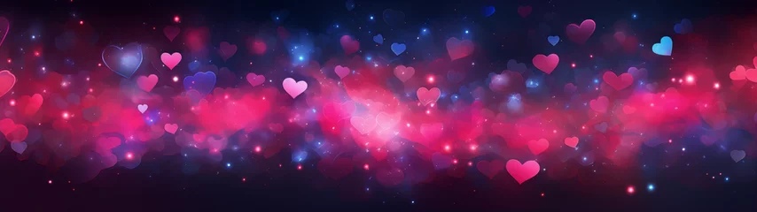 Poster Abstract glowing pink and blue hearts on dark blue background. © kalamjamila