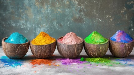 Happy Holi Celebration Concept with Dry Pigment Filled Coconut Bowl.