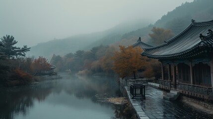 A foggy lake and a Korean palace. Generative AI