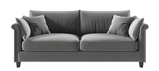 A gray couch with two pillows on it. The couch is long and has a modern design