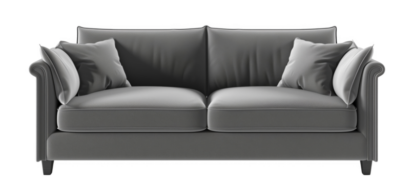 A gray couch with two pillows on it. The couch is long and has a modern design