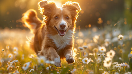 A dog is running through a field of flowers